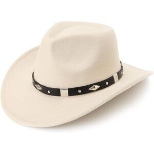 Women's Beige Western Studded Leather Band Classic Brim Fedora Felt Cowboy Hat